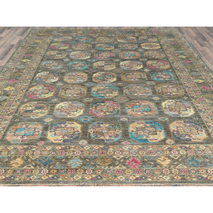8'9"x11'7" Sage Green, Hand Knotted Afghan Super Kazak With Geometric Medallions, Vegetable Dyes Dense Weave, Pure Wool, Oriental Rug FWR493626
