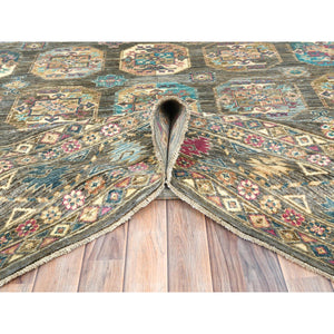 8'9"x11'7" Sage Green, Hand Knotted Afghan Super Kazak With Geometric Medallions, Vegetable Dyes Dense Weave, Pure Wool, Oriental Rug FWR493626