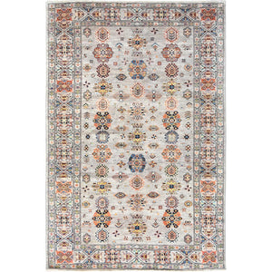 6'1"x9'1" Light Gray, Hand Knotted Afghan Super Kazak with All Over Floral Pattern, Vegetable Dyes Dense Weave, Organic Wool, Oriental Rug FWR493674