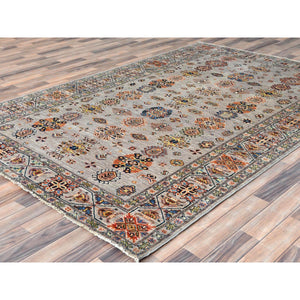 6'1"x9'1" Light Gray, Hand Knotted Afghan Super Kazak with All Over Floral Pattern, Vegetable Dyes Dense Weave, Organic Wool, Oriental Rug FWR493674
