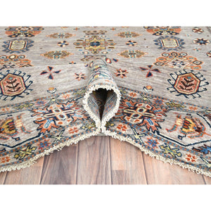 6'1"x9'1" Light Gray, Hand Knotted Afghan Super Kazak with All Over Floral Pattern, Vegetable Dyes Dense Weave, Organic Wool, Oriental Rug FWR493674