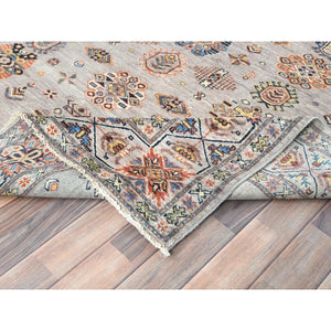 6'1"x9'1" Light Gray, Hand Knotted Afghan Super Kazak with All Over Floral Pattern, Vegetable Dyes Dense Weave, Organic Wool, Oriental Rug FWR493674