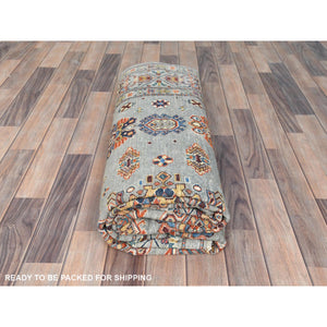 6'1"x9'1" Light Gray, Hand Knotted Afghan Super Kazak with All Over Floral Pattern, Vegetable Dyes Dense Weave, Organic Wool, Oriental Rug FWR493674