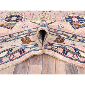 8'10"x12' Blush Pink, Dense Weave Organic Wool, Hand Knotted Afghan Super Kazak With Tribal Geometric Medallions, Vegetable Dyes, Oriental Rug FWR493734