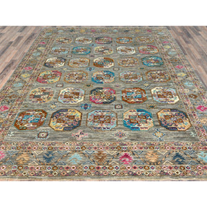 7'10"x10'1" Stone Gray, Dense Weave Soft Wool, Hand Knotted Afghan Super Kazak With Colorful Elephant Feet Ersari Design, Vegetable Dyes, Oriental Rug FWR493782