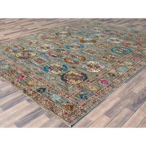 7'10"x10'1" Stone Gray, Dense Weave Soft Wool, Hand Knotted Afghan Super Kazak With Colorful Elephant Feet Ersari Design, Vegetable Dyes, Oriental Rug FWR493782