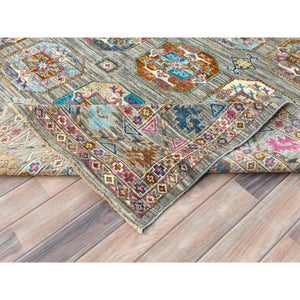 7'10"x10'1" Stone Gray, Dense Weave Soft Wool, Hand Knotted Afghan Super Kazak With Colorful Elephant Feet Ersari Design, Vegetable Dyes, Oriental Rug FWR493782