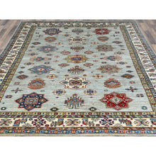 Load image into Gallery viewer, 7&#39;10&quot;x9&#39;10&quot; Silver Blue, Afghan Super Kazak With Geometric Medallions, Vegetable Dyes Dense Weave, Natural Wool Hand Knotted, Oriental Rug FWR493830