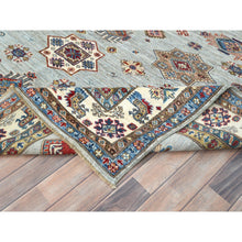 Load image into Gallery viewer, 7&#39;10&quot;x9&#39;10&quot; Silver Blue, Afghan Super Kazak With Geometric Medallions, Vegetable Dyes Dense Weave, Natural Wool Hand Knotted, Oriental Rug FWR493830