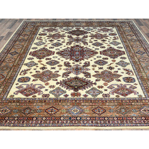 8'2"x10'3" Ivory, Afghan Super Kazak With Geometric Medallions, Natural Dyes Densely Woven, Natural Wool Hand Knotted, Oriental Rug FWR493860