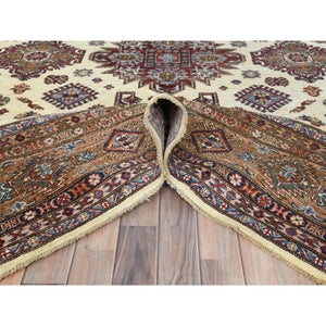 8'2"x10'3" Ivory, Afghan Super Kazak With Geometric Medallions, Natural Dyes Densely Woven, Natural Wool Hand Knotted, Oriental Rug FWR493860