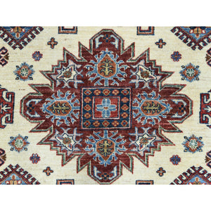 8'2"x10'3" Ivory, Afghan Super Kazak With Geometric Medallions, Natural Dyes Densely Woven, Natural Wool Hand Knotted, Oriental Rug FWR493860