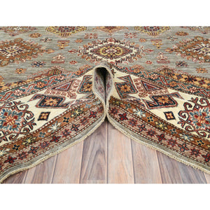 9'x12'4" Stone Gray, Dense Weave Extra Soft Wool, Hand Knotted Afghan Super Kazak With Geometric Medallions, Vegetable Dyes, Oriental Rug FWR493878