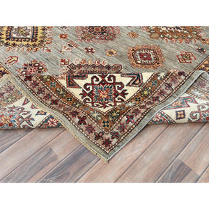 9'x12'4" Stone Gray, Dense Weave Extra Soft Wool, Hand Knotted Afghan Super Kazak With Geometric Medallions, Vegetable Dyes, Oriental Rug FWR493878