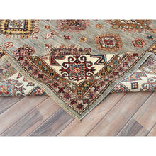 Load image into Gallery viewer, 9&#39;x12&#39;4&quot; Stone Gray, Dense Weave Extra Soft Wool, Hand Knotted Afghan Super Kazak With Geometric Medallions, Vegetable Dyes, Oriental Rug FWR493878
