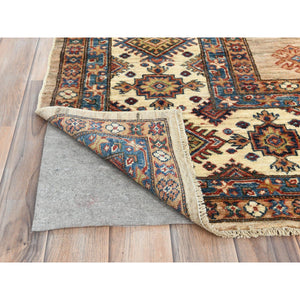 9'x12' Honey Brown, Densely Woven Pure Wool, Hand Knotted Afghan Super Kazak With Large Elements Design, Natural Dyes, Oriental Rug FWR493956