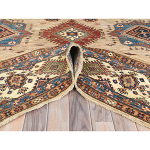 9'x12' Honey Brown, Densely Woven Pure Wool, Hand Knotted Afghan Super Kazak With Large Elements Design, Natural Dyes, Oriental Rug FWR493956