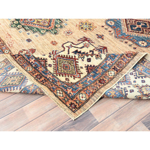 9'x12' Honey Brown, Densely Woven Pure Wool, Hand Knotted Afghan Super Kazak With Large Elements Design, Natural Dyes, Oriental Rug FWR493956