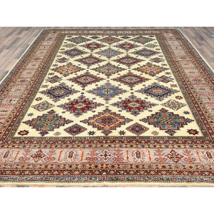 9'3"x12' Ivory, Afghan Super Kazak With Geometric Medallions, Natural Dyes Densely Woven, Natural Wool Hand Knotted, Oriental Rug FWR494280