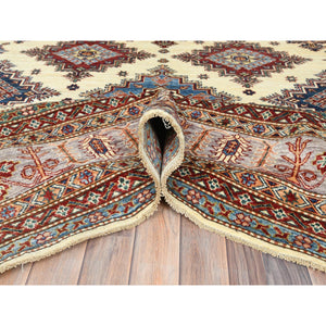 9'3"x12' Ivory, Afghan Super Kazak With Geometric Medallions, Natural Dyes Densely Woven, Natural Wool Hand Knotted, Oriental Rug FWR494280