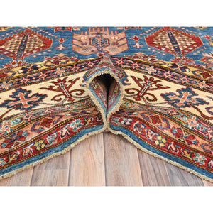 9'x12'7" Denim Blue, Afghan Super Kazak With Floral Medallions, Vegetable Dyes Dense Weave, Soft Wool Hand Knotted, Oriental Rug FWR494682