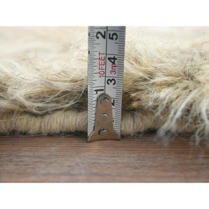 13'6"x13'6" Beige, Shag Flokati Greek Style, Undyed Natural Wool Hand Knotted, Round Oriental Rug FWR495378