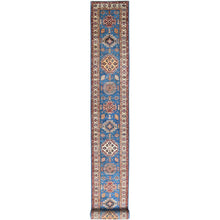 Load image into Gallery viewer, 2&#39;6&quot;x33&#39;6&quot; Denim Blue, Soft Wool Hand Knotted, Afghan Super Kazak with Large Medallions, Vegetable Dyes Dense Weave, XL Runner Oriental Rug FWR495462