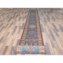 Load image into Gallery viewer, 2&#39;6&quot;x33&#39;6&quot; Denim Blue, Soft Wool Hand Knotted, Afghan Super Kazak With Large Medallions, Vegetable Dyes Dense Weave, Xl Runner Oriental Rug FWR495462