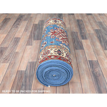 Load image into Gallery viewer, 2&#39;6&quot;x33&#39;6&quot; Denim Blue, Soft Wool Hand Knotted, Afghan Super Kazak with Large Medallions, Vegetable Dyes Dense Weave, XL Runner Oriental Rug FWR495462