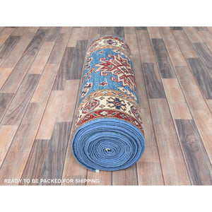 2'6"x33'6" Denim Blue, Soft Wool Hand Knotted, Afghan Super Kazak with Large Medallions, Vegetable Dyes Dense Weave, XL Runner Oriental Rug FWR495462