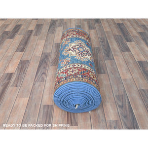 2'8"x34' Denim Blue, Vegetable Dyes Dense Weave, Organic Wool Hand Knotted, Afghan Super Kazak with Large Medallions, XL Runner Oriental Rug FWR495474