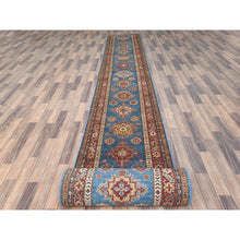 Load image into Gallery viewer, 2&#39;8&quot;x40&#39;8&quot; Denim Blue, Hand Knotted Afghan Super Kazak with Large Medallions Design, Vegetable Dyes Dense Weave, Organic Wool, XL Runner Oriental Rug FWR495594