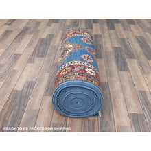 Load image into Gallery viewer, 2&#39;8&quot;x40&#39;8&quot; Denim Blue, Hand Knotted Afghan Super Kazak with Large Medallions Design, Vegetable Dyes Dense Weave, Organic Wool, XL Runner Oriental Rug FWR495594