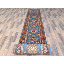 Load image into Gallery viewer, 2&#39;7&quot;x34&#39; Denim Blue, Natural Dyes Densely Woven, Soft Wool Hand Knotted, Afghan Super Kazak with Large Medallions, XL Runner Oriental Rug FWR495612