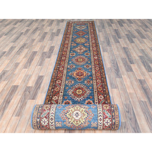 2'7"x34' Denim Blue, Natural Dyes Densely Woven, Soft Wool Hand Knotted, Afghan Super Kazak with Large Medallions, XL Runner Oriental Rug FWR495612