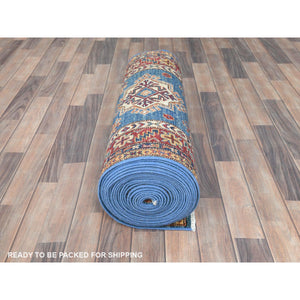 2'7"x34' Denim Blue, Natural Dyes Densely Woven, Soft Wool Hand Knotted, Afghan Super Kazak with Large Medallions, XL Runner Oriental Rug FWR495612