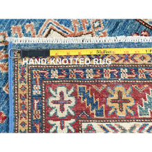 Load image into Gallery viewer, 2&#39;7&quot;x34&#39; Denim Blue, Natural Dyes Densely Woven, Soft Wool Hand Knotted, Afghan Super Kazak with Large Medallions, XL Runner Oriental Rug FWR495612