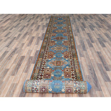 Load image into Gallery viewer, 3&#39;x24&#39;5&quot; Denim Blue, Natural Dyes Densely Woven, Pure Wool Hand Knotted, Afghan Super Kazak With Serrated Medallions, Xl Runner Oriental Rug FWR495636