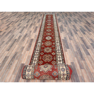 2'8"x39'1" Rich Red, Afghan Super Kazak with Large Medallions, Vegetable Dyes Dense Weave, Soft Wool Hand Knotted, XL Runner Oriental Rug FWR495642