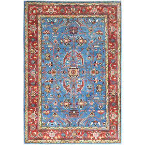 3'10"x5'10" Denim Blue, Soft Wool Hand Knotted, Afghan Peshawar with All Over Serapi Heriz Design, Vegetable Dyes Dense Weave, Oriental Rug FWR495822