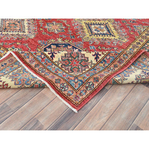 8'10"x12'8" Rich Red, Hand Knotted Afghan Super Kazak With Geometric Medallions, Vegetable Dyes Dense Weave, Pure Wool, Oriental Rug FWR495846