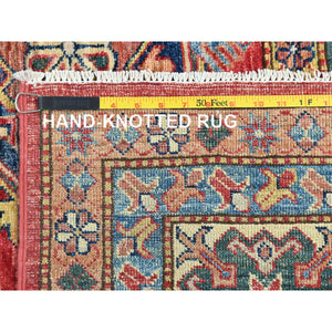 8'10"x12'8" Rich Red, Hand Knotted Afghan Super Kazak With Geometric Medallions, Vegetable Dyes Dense Weave, Pure Wool, Oriental Rug FWR495846