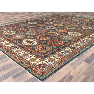 10'3"x13'10" Stone Gray, Densely Woven Extra Soft Wool, Hand Knotted Afghan Super Kazak With Geometric Medallions, Natural Dyes, Oriental Rug FWR495888