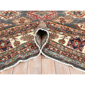 10'3"x13'10" Stone Gray, Densely Woven Extra Soft Wool, Hand Knotted Afghan Super Kazak With Geometric Medallions, Natural Dyes, Oriental Rug FWR495888
