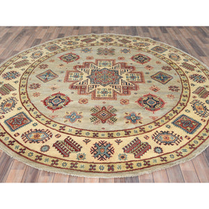 8'x7'9" Pale Goldenrod, Special Kazak with Large Medallion Natural Dyes, 100% Wool Hand Knotted, Round Oriental Rug FWR496272
