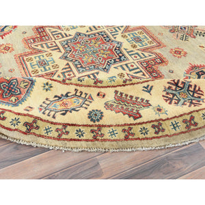 8'x7'9" Pale Goldenrod, Special Kazak with Large Medallion Natural Dyes, 100% Wool Hand Knotted, Round Oriental Rug FWR496272