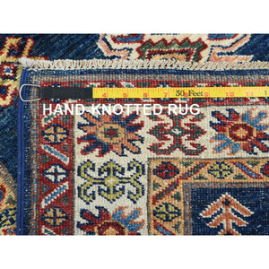 2'10"x13'2" Prussian Blue, Afghan Super Kazak With Large Medallions, Natural Dyes, Soft Wool, Hand Knotted, Runner Oriental Rug FWR496338