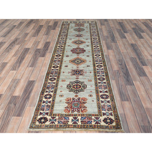 2'7"x8'5" Ash Gray, Soft Wool Hand Knotted, Afghan Super Kazak With Geometric Medallions, Natural Dyes Densely Woven, Runner Oriental Rug FWR496392