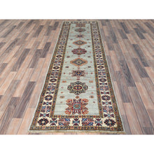 Load image into Gallery viewer, 2&#39;7&quot;x8&#39;5&quot; Ash Gray, Soft Wool Hand Knotted, Afghan Super Kazak With Geometric Medallions, Natural Dyes Densely Woven, Runner Oriental Rug FWR496392