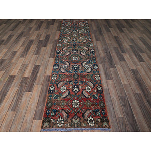 2'2"x8'7" Blush Red, Vintage Persian Hamadan With Distinct Abrash, Fish All Over Design, Cropped Thin, Zero Pile, Sides And Ends Professionally Secured, Hand Knotted, Pure Wool, Narrow Runner, Oriental Rug FWR4962